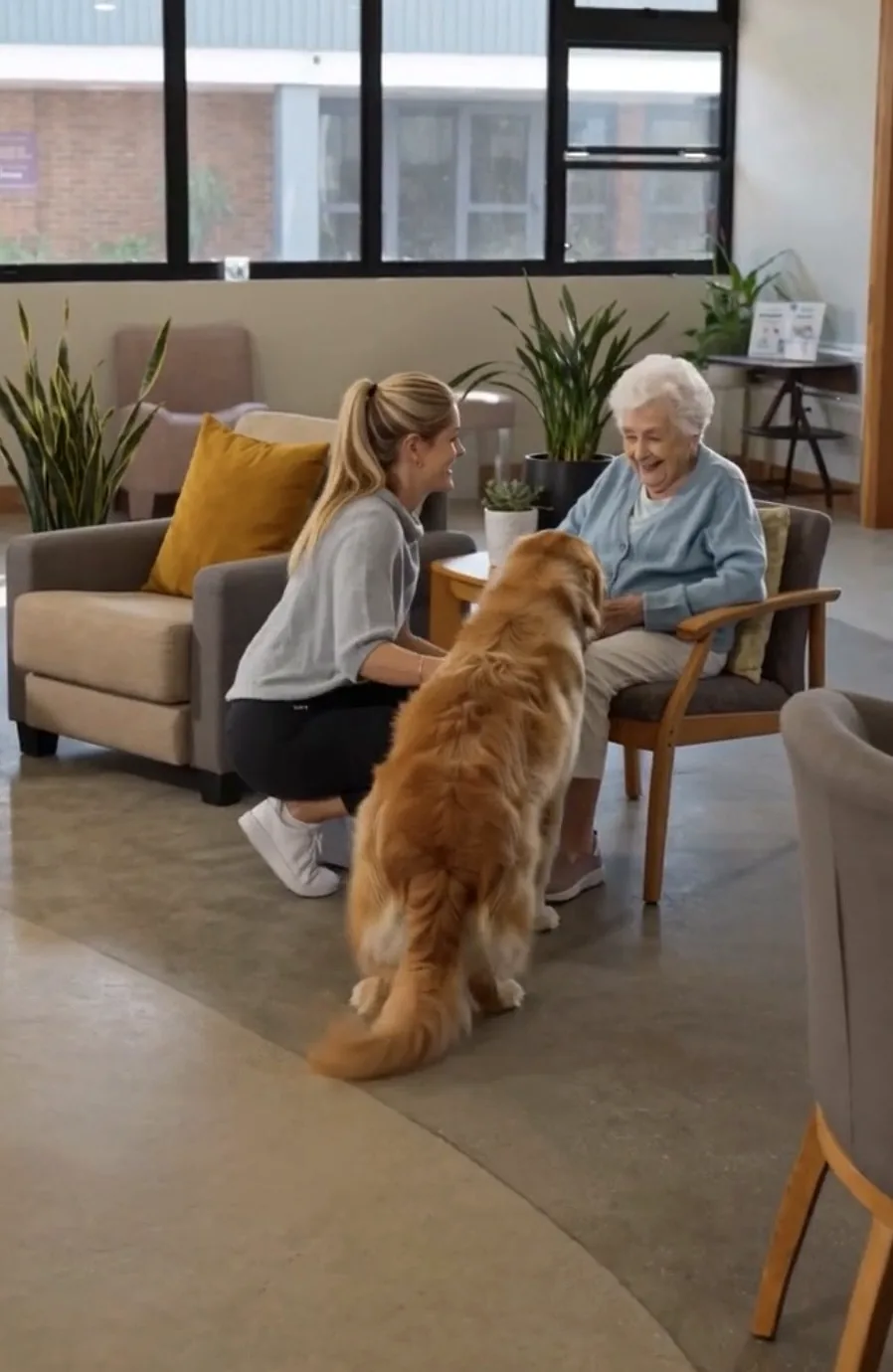 Murphy calmly spending time with an older adult during an aged care wellbeing visit