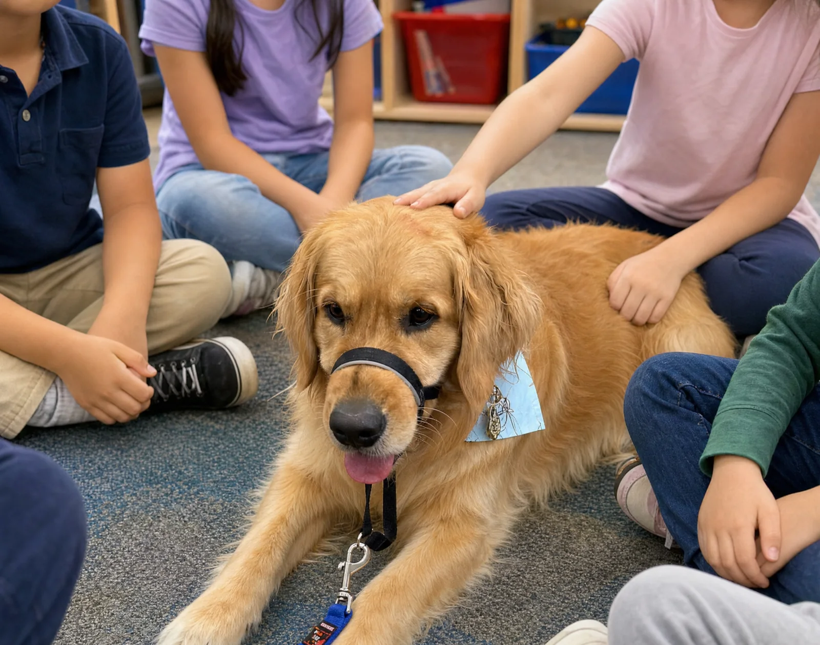 Golden Retriever therapy dog Murphy during a group wellbeing visit with students